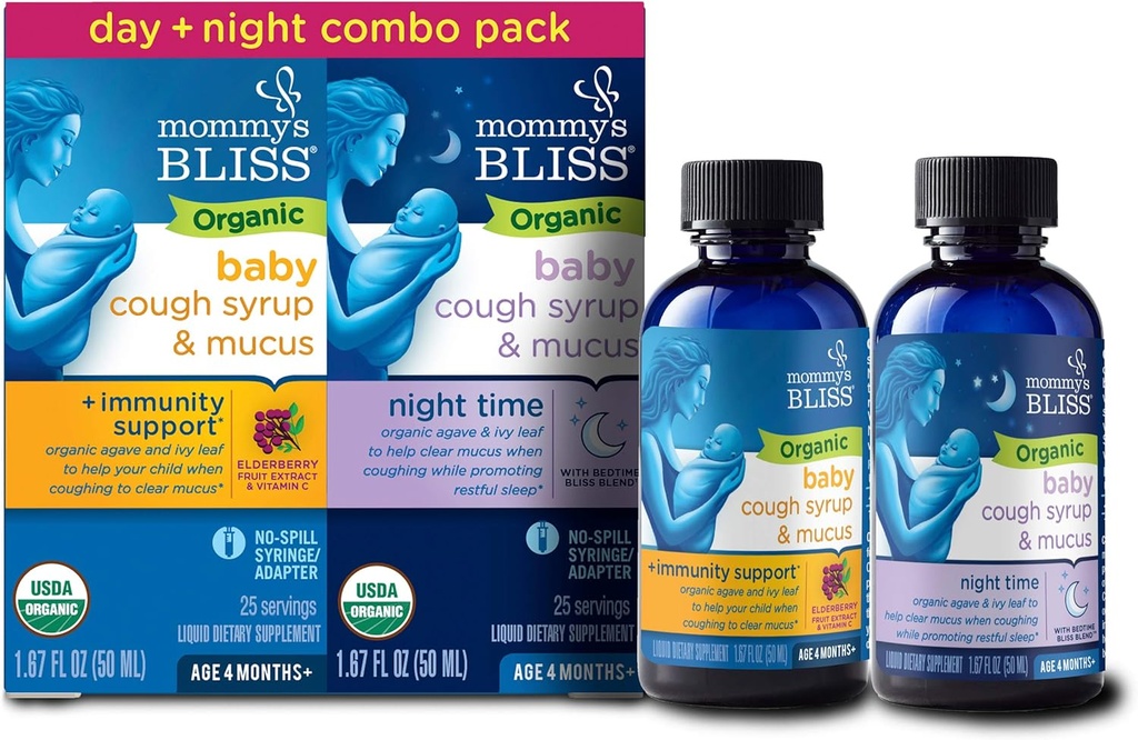 Mommy's Bliss Organic Baby Cough Syrup & Mucus Relief, Day and Night Combo Pack, 유기 Agave와 Ivy 잎을 포함, 나이에 대한 4 개월 +, 1.67 Fl Oz (팩 2)