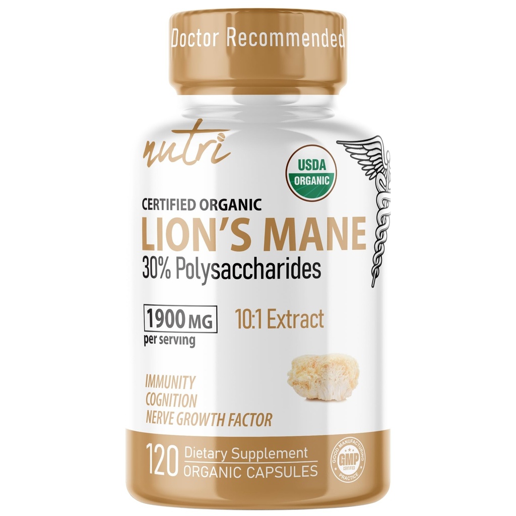 Nature's Fusions Nutri 유기 사자 Mane 보충교재 캡슐 - 1900 mg, 10:1 이중 적출, 120 조사 - 버섯 추출물 (Fruiting Body) - 제 3 자 시험