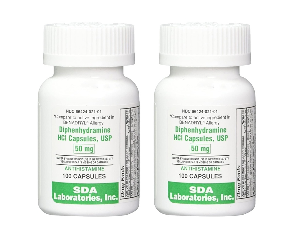SDA LABORATORIES Diphenhydramine 50mg, 알레르기 완화, 항히스타민 캡슐, Sneezing, Runny Nose & Itchy 눈을위한 빠른 인용 공식 - 100 개 (2 팩)