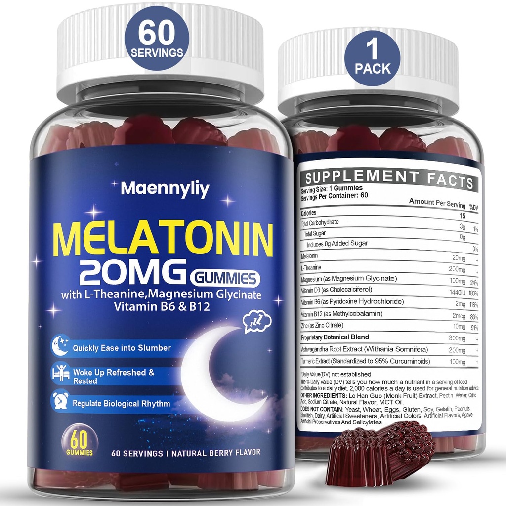 성인을위한 Melatonin 20mg Gummies - 설탕 무료 Melatonin Gummies L-Theanine, 마그네슘, Ashwagandha, Turmeric, D3 및 아연 - Non-Habit 성형