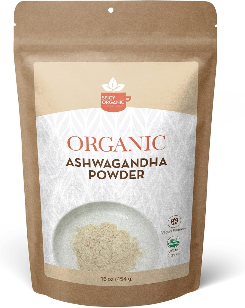 SPICY ORGANIC 유기 Ashwagandha 뿌리 분말 – 1 lb., 비 GMO, 100% 인도 출신 – 인도 인삼 (Withania Somnifera) – 천연 스트레스 지원, 에너지 및 면역 건강