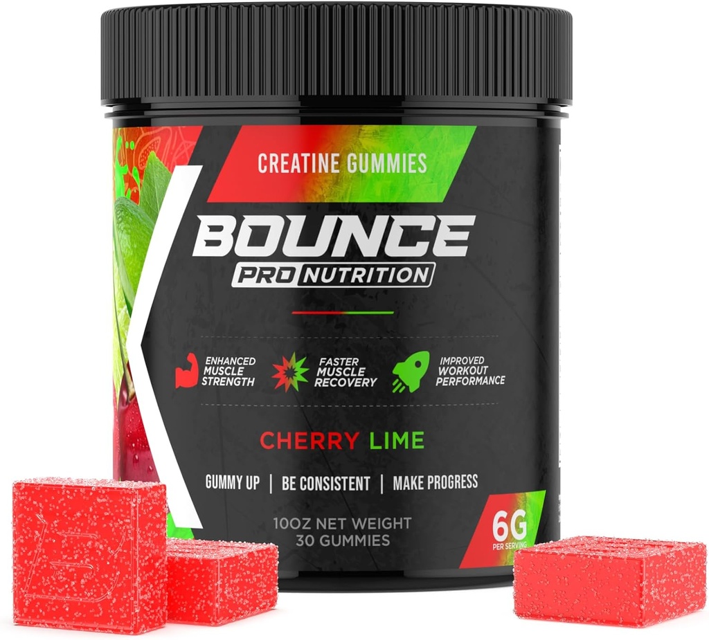Men & Women, Low Calorie, 서빙 당 Creatine의 6G, Vegan, Anti-Melting, Gluten-Free, Non-GMO, Gummy (30ct, Cherry Lime) 당 Creatine의 2g에 대한 Bounce Pro Creatine Monohydrate Gummies