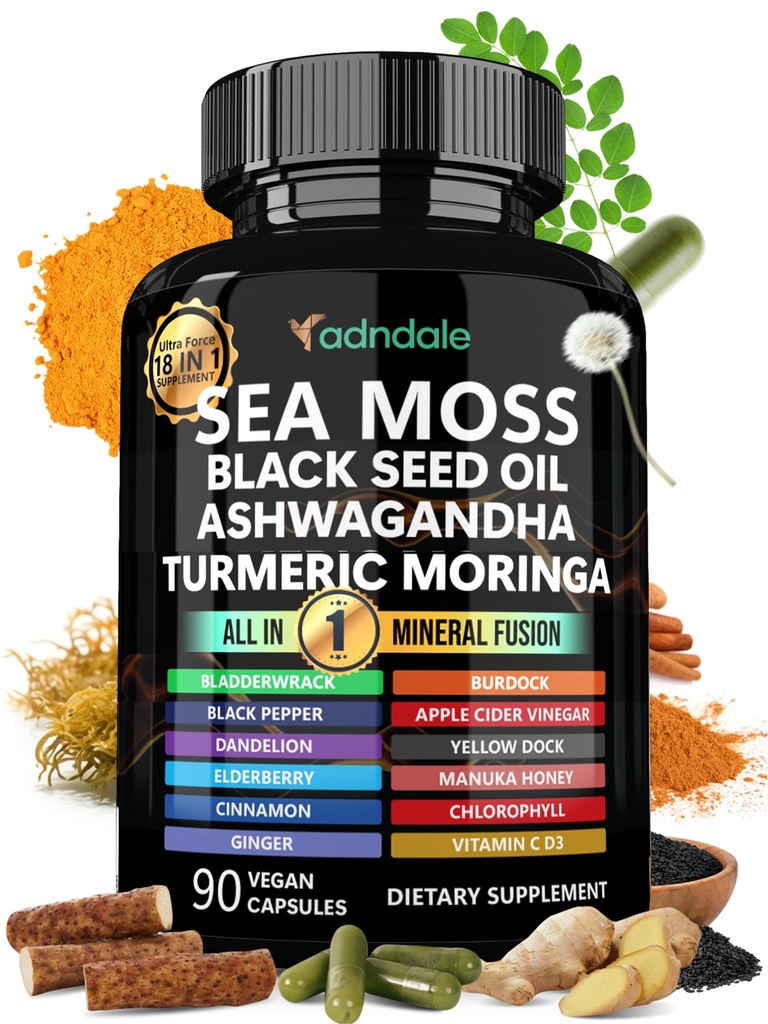 Adndale 바다 Moss 검정씨 기름 Ashwagandha Ginger 캡슐. SeaMoss 캡슐 블랙 씨앗 오일, Ashwagandha, Turmeric, Moringa, Bladderwrack, Burdock 뿌리, Manuka 꿀, Cinnamon