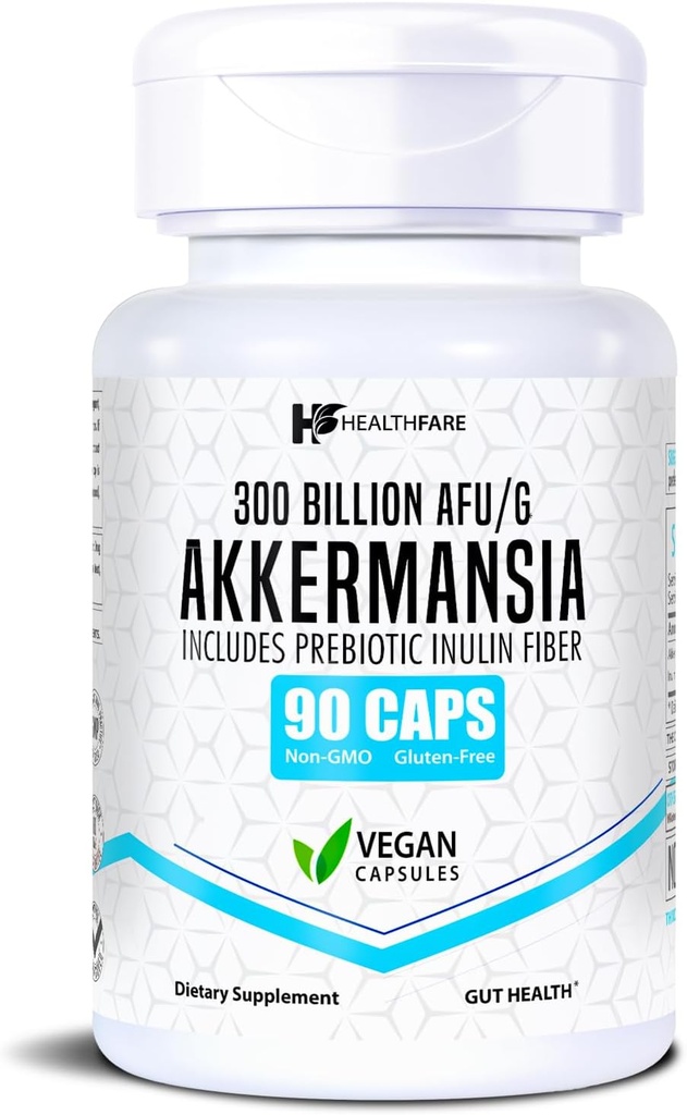 Healthfare Akkermansia Muciniphila Probiotic | 300억 AFU | 90 Vegan 캡슐 | Gut Health & Digestive Support를 위한 Inulin Prebiotic | Non-GMO, 글루텐 프리 | 미국