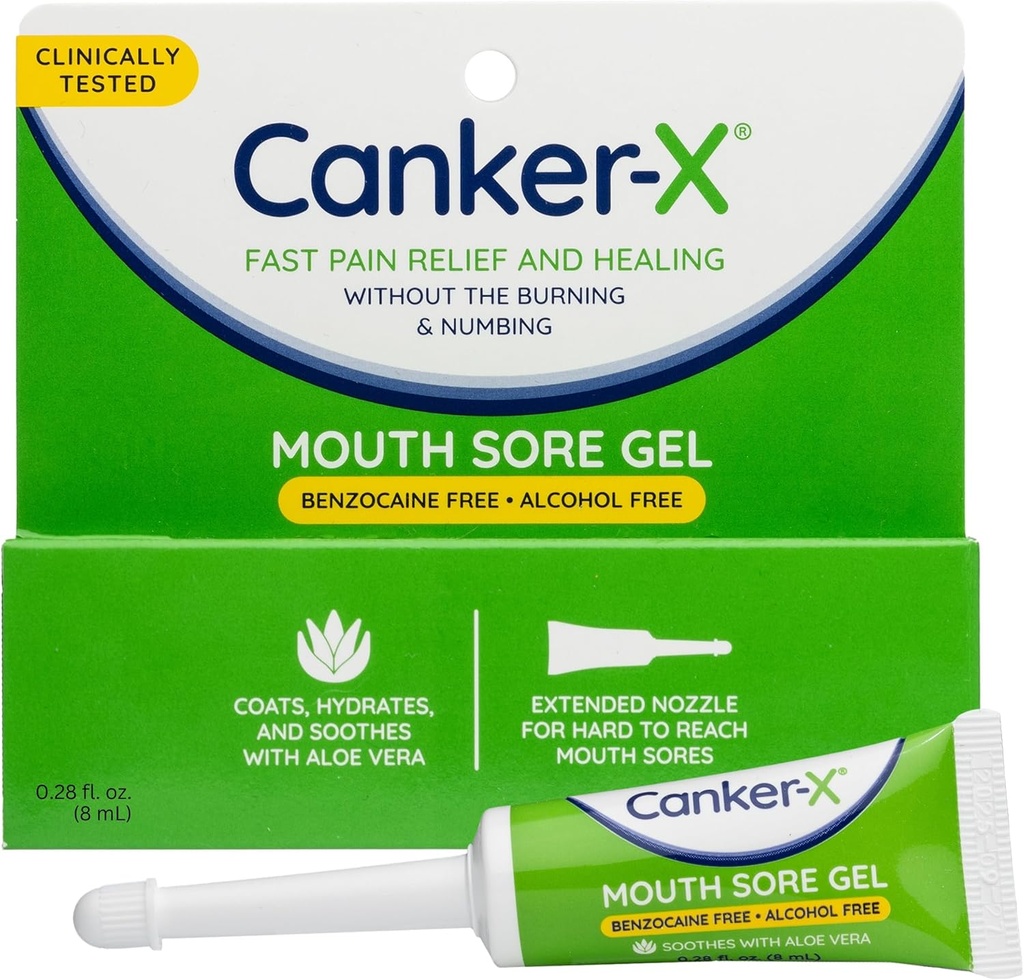 Canker-X 입 Sore 젤, 빠른 통증 완화 및 치료 Canker Sores, Cheek Bites 및 구두 마포, 구두 통증 완화 젤, Benzocaine-Free 및 알코올 무료, 성인 및 어린이 6 + 년, 0.28 fl oz