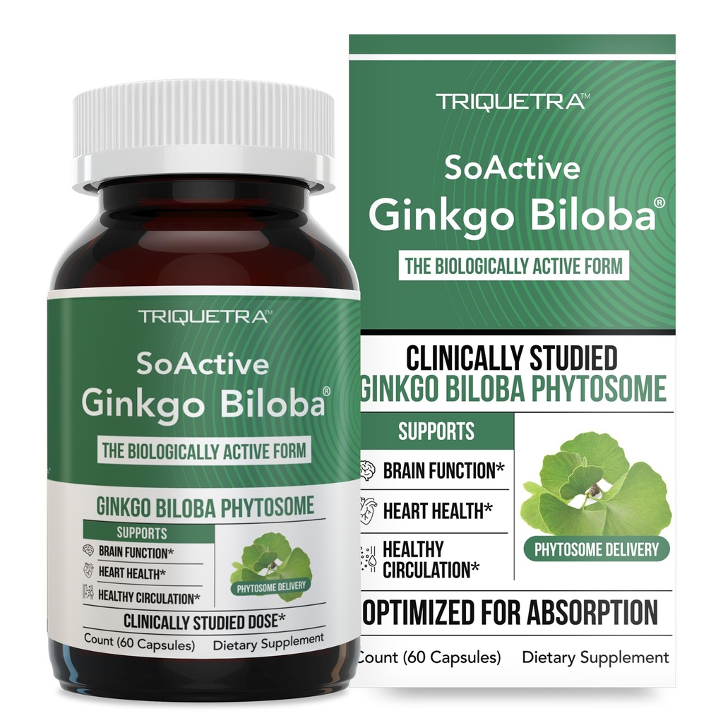 SoActive Ginkgo Biloba with GinkgoSelect® Phytosome | 뇌, 심장 및 메모리 지원에 대한 임상적 강화 흡수 – 180 mg – 순환 및인지 건강 유지 (60 캡슐)