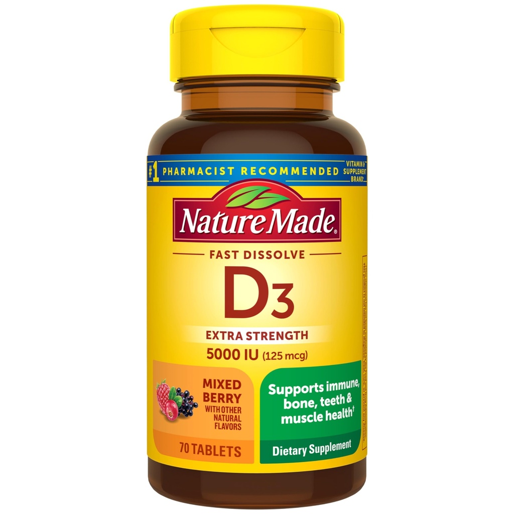 Nature Made Vitamin D3 5000 IU (125 mcg) 추가 강도, 면역 지원을위한 비타민 D 보충, 70 설탕 무료 빠른 용해 정제, 70 일 공급