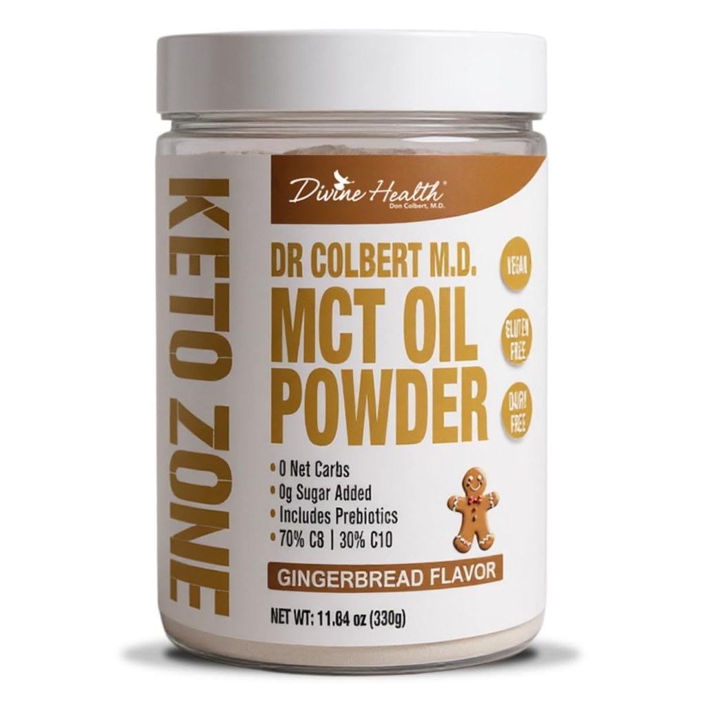 Divine Health Keto Zone® MCT Oil Powder | Gingerbread | 330 G | 30 Day 공급 | Dr. Colbert's Keto Zone Diet Book | 커피 크림 | 70% C8 30% C10 | 0 Net Carbs