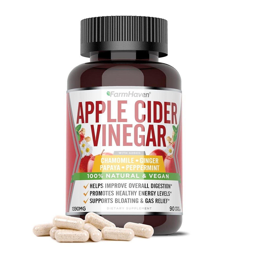FarmHaven Apple Cider Vinegar 캡슐 어머니, ACV 캡슐 어머니 1390MG, Ginger와 Apple Cider Vinegar 알약, Digestion Healthy, Vinegar Tablets with Mother
