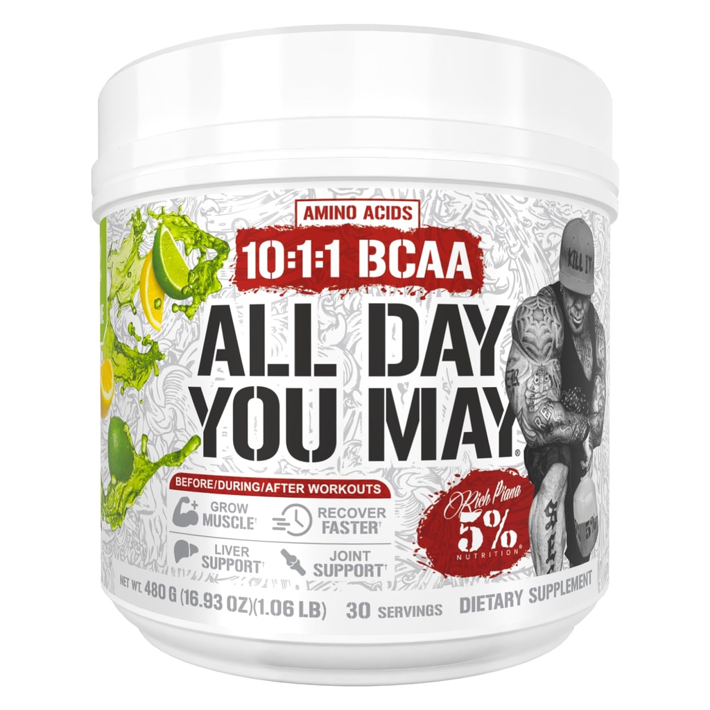 5% 영양 풍부한 피아나 AllDayYouMay BCAA 분말 | 프리미엄 인트라 & 포스트 운동 아미노산, 히드라이즈, 내구시간, 근육 회복, 합동 & 간호 지원 | 15.3 oz, 30 서빙 (레몬 라임)