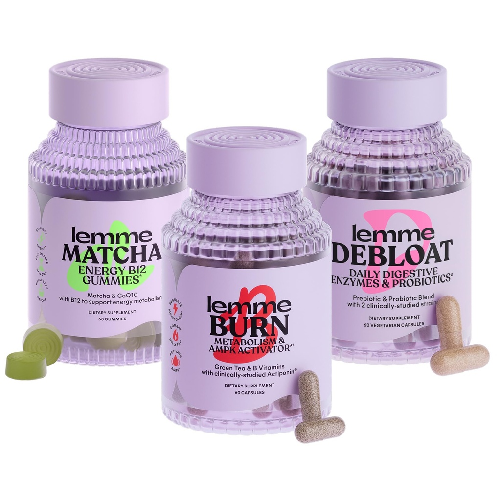 Lemme Burn, Debloat & Matcha 번들 - 대사 및 지방 연소 캡슐 + Bloating & 가스 구호 캡슐 + 에너지 B12 Gummies - 글루텐 프리, 비 GMO - 60 ct. ea