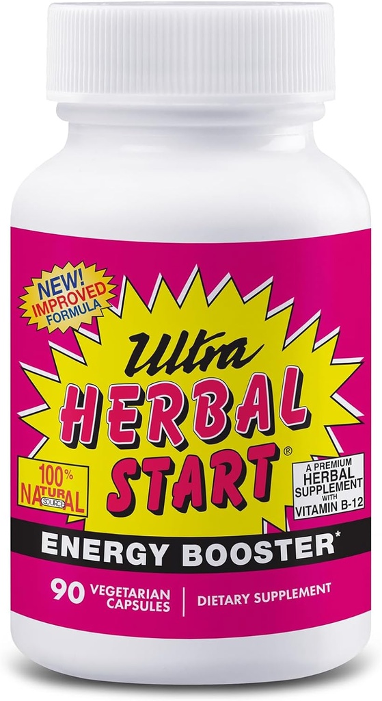 Ultra Herbal Start Energy Booster - B-12, Panax Ginseng, Yerba Mate, Kola Nut, Spirulina & Echinacea | 에너지, 체력 및 지구력의 자연 부스트를 촉진 | 보충 - 90 캡슐