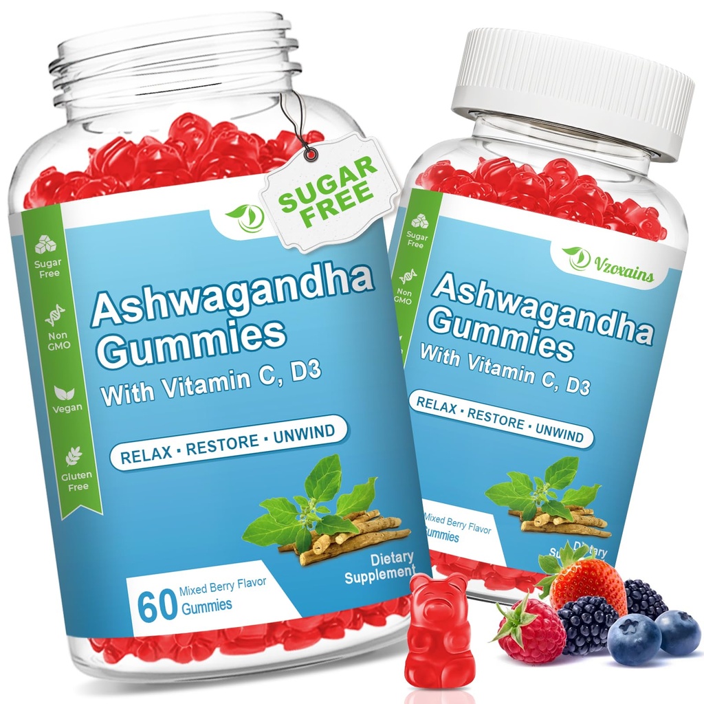 여자를 위한 비타민 D를 가진 2 팩 Ashwagandha Gummies & 남자, 설탕 자유로운 Vegan 1000MG Ashwagandha 보충교재 거미 & 비타민 C, 120 조사