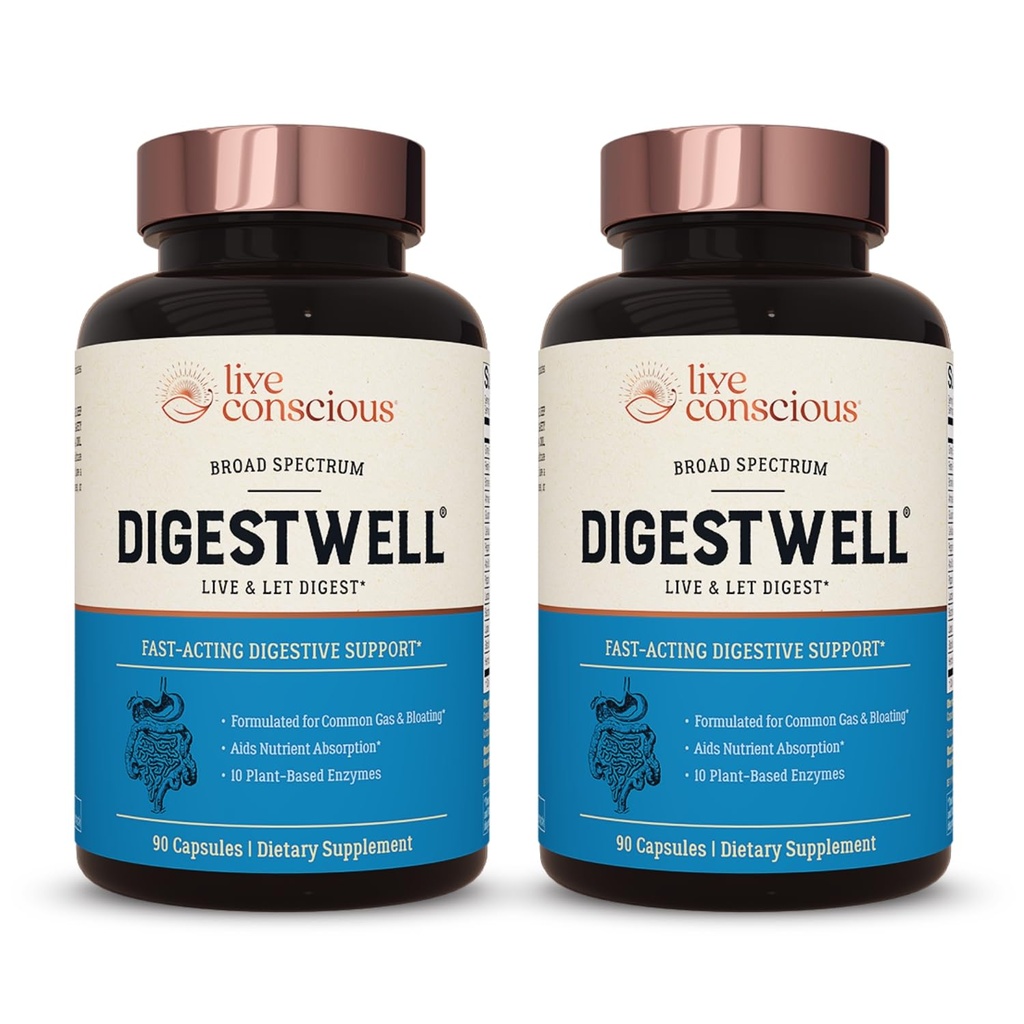 라이브 의식 DigestWell Immediate 지원 - 빠른 행동 소화 지원 | 광대 스펙트럼 효소, Probiotic & 초본 공식 - 매일 가스 및 부유물 감소 - 90 캡슐 (2 팩)