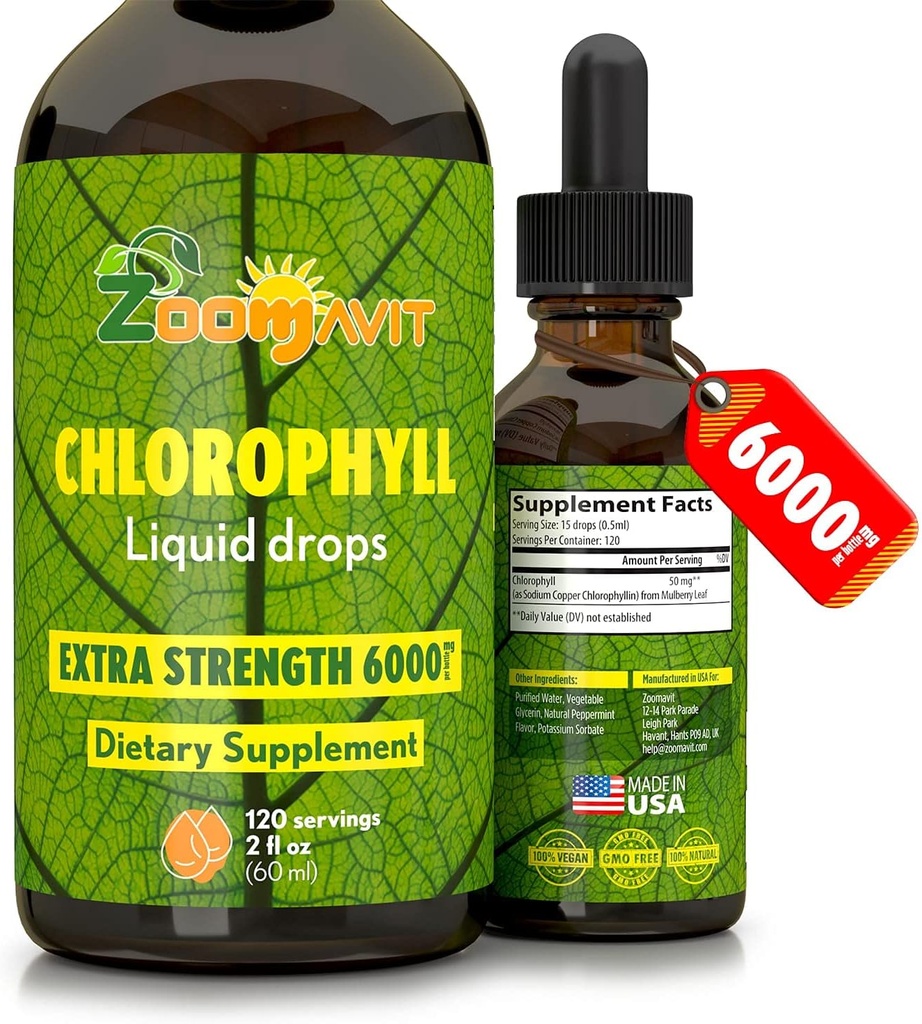 Chlorophyll 액체 하락 100% 유기 채식주의자 - 물 - 자연적인 내부 탈취기를 위한 민트 풍미를 가진 에너지와 면역 체계 승압기 보충교재 - 여분 힘 6000mg 120 서빙