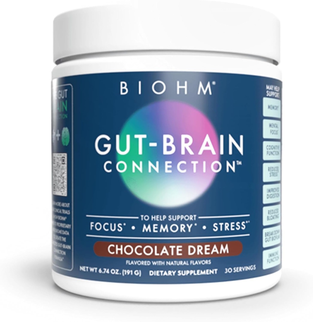 BIOHM Gut-Brain Connection Memory & Focus Supplement (6.74 Oz, 30 서빙) Gut Health & Cognitive Well-Being 지원, 향상된 Mood, Probiotics, Lion's Mane & Bacopa Monneiri, 초콜릿 맛