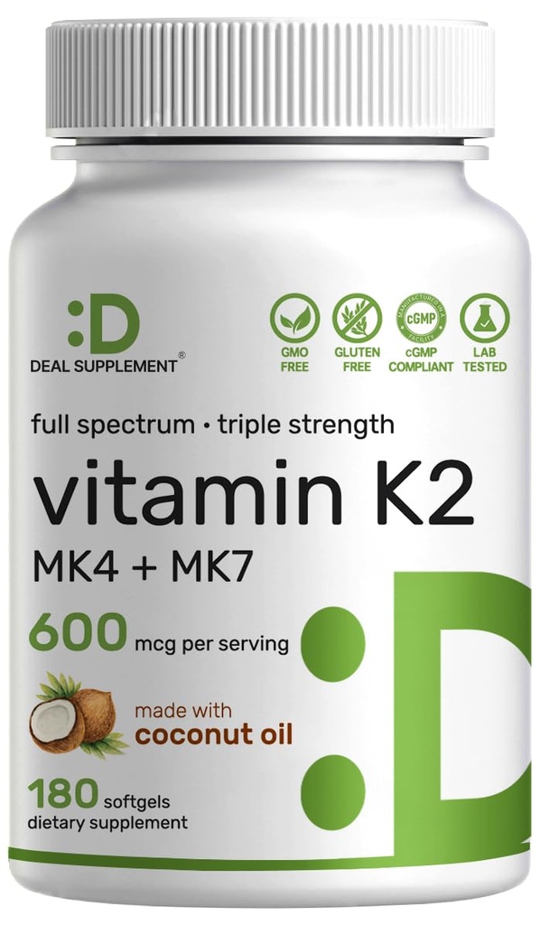DEAL SUPPLEMENT 비타민 K2 보충 600mcg, 180 코코넛 오일 Softgels | 가득 차있는 스펙트럼 높은 흡수 MK-7 & MK-4 모양 | 뼈, 합동, & 면역 지원 – Non-GMO