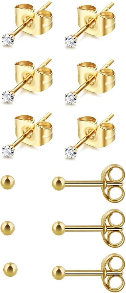 6Pairs 2mm/3mm 외과 강철 Hypoallergenic 꿰뚫는 장식 못, 20G 14K 진짜 금은 다수 구멍 피어싱 (Cubic 지르코니아, 진주, 공)를 위한 작은 장식 못 귀걸이 세트를 채웠습니다