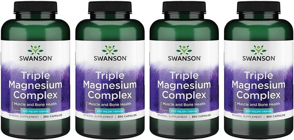 Swanson Triple Magnesium Complex - 미네랄 보충 - 천연 지원 - 시트레이트, 산화물 및 Aspartate 특징 - (300 캡슐, 400mg 각각, 4 팩)