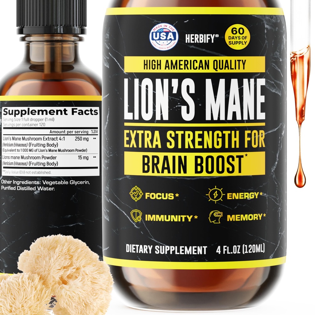 HERBIFY Lions Mane Supplement - 기억, 초점 및 명확성을위한 매일 버섯 보충 - 두뇌 부스터 - Immune 지원을위한 사자 Mane Tincture - 4 Fl oz