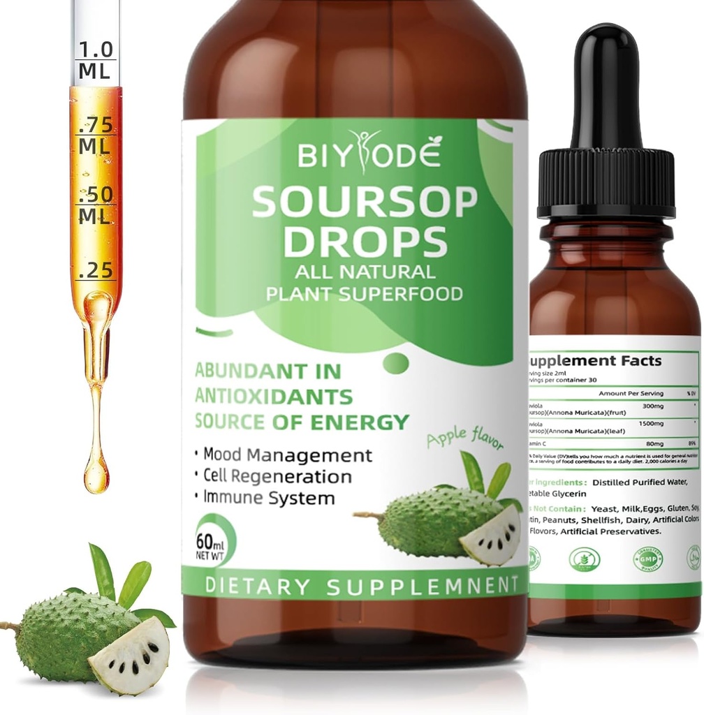 Soursop Graviola 액체 드롭 : 1800mg Immune Health Digestion Relaxation Sleep Vegan Gluten 무료 설탕 무료 1 Fl Oz 30 Day 공급을위한 프리미엄 산화 지원