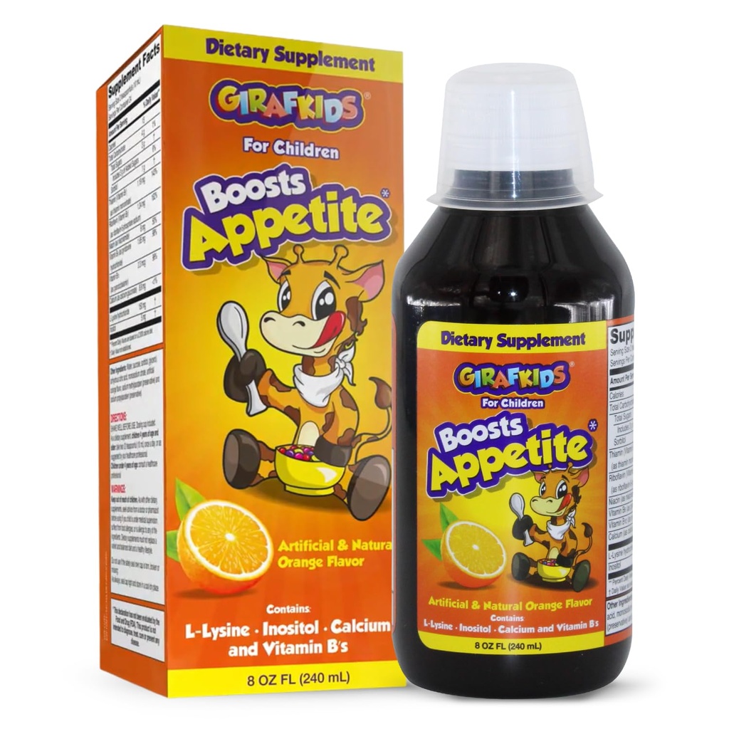 GirafKids Appetite Booster Syrup for Kids Ages 4, 8 Fl Oz - 아이를위한 비타민, 오렌지 맛 - 건강한 식욕 및 에너지를 홍보