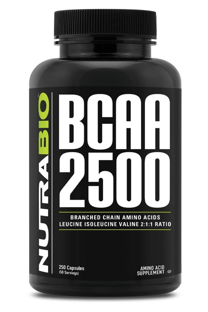 NutraBio – BCAA 2500 – 분지 체인 아미노산 – 지원 새로운 근육 성장 및 근육 고장 방지 – 250 캡슐