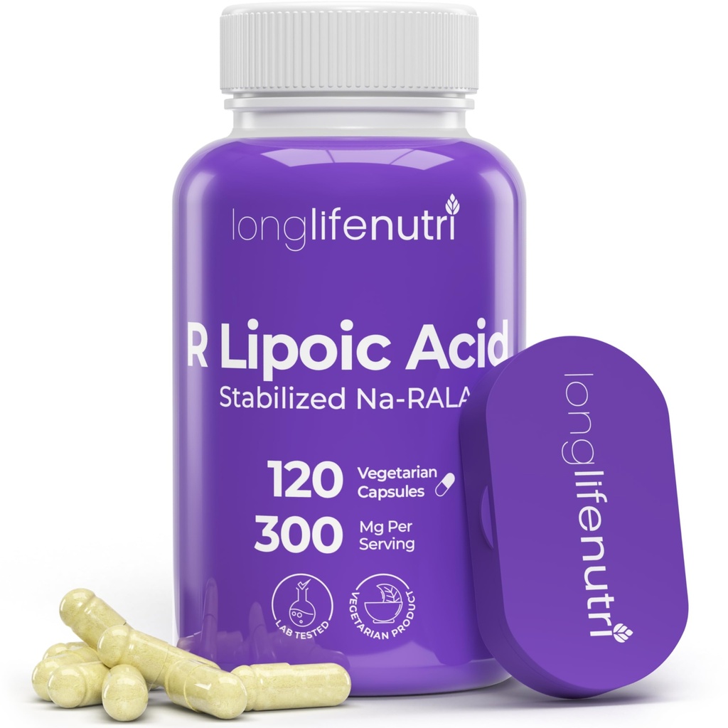 LongLifeNutri 안정화 R-Alpha Lipoic Acid 300mg - 세포 에너지 및 메타볼릭 기능, 120 채식 캡슐, 4 월 공급, GMP 인증, 미국에서 만든 높은 효능 Na-RALA 보충