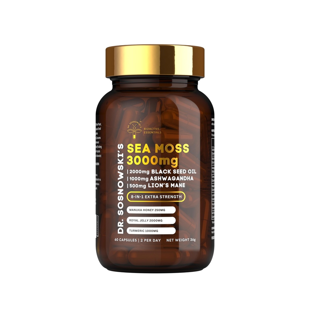 Sosnowski의 BioActive Sea Moss 박사 | 8-in-1 Formula Enriched with Black Seed, Ashwagandha, Turmeric, Manuka Honey, Lion's Mane, Royal Jelly, Bee Propolis Extract | 60 캡슐