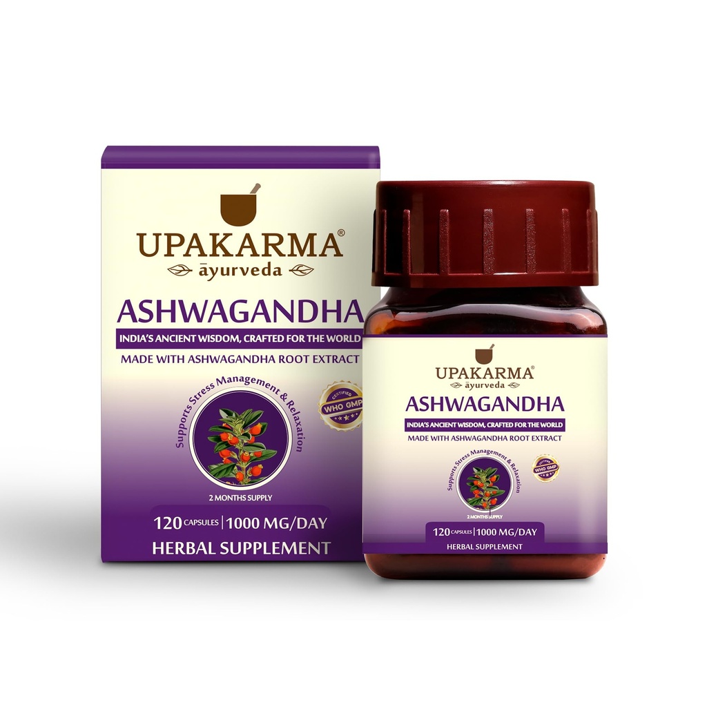 UPAKARMA Ashwagandha | 60 일 공급 | 순수 추출 물 제공 당 1000 mg을 기반으로 | 실험실 테스트, R & D 백업, 120 Vegan 캡슐, 스트레스 완화 및 에너지 지원을위한 보충제