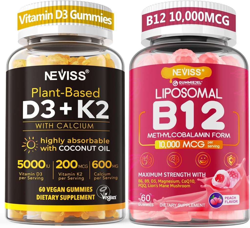NEVISS 2Pack 비타민 D3 5000iu & K2 (MK7로) 200mcg Gummies + 600mg 칼슘 + 1 팩 Liposomal 메틸 B12 5000 mcg/10000 mcg
