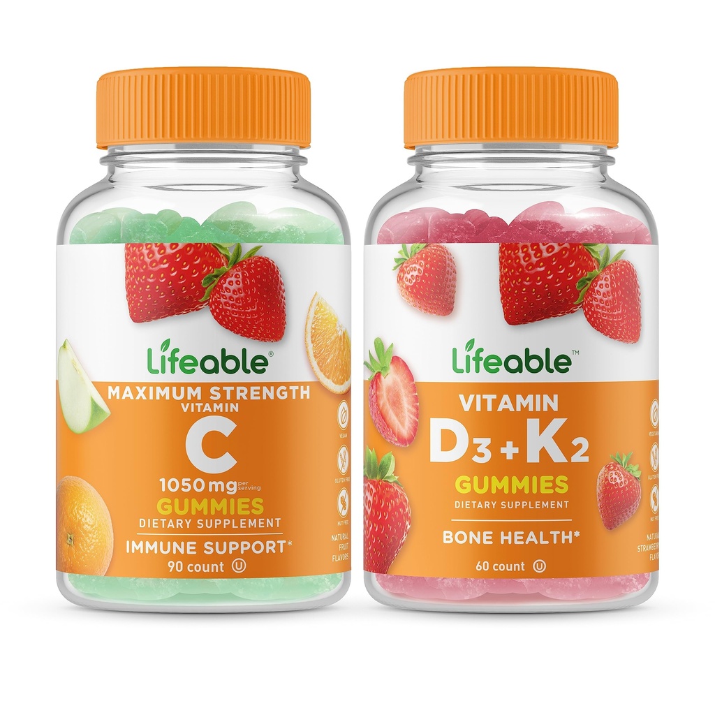 Lifeable 비타민 C 1050mg + 비타민 D3 + 비타민 K2, Gummies 번들 - 훌륭한 타스팅, 비타민 보충, 글루텐 무료, GMO 무료, Chewable Gummy