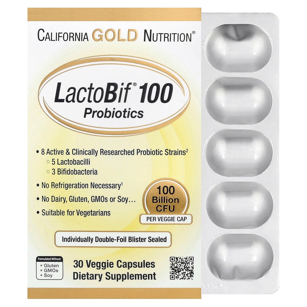 캘리포니아 골드 영양 LactoBif Probiotics, 100 Bllion CFU, 8 활성 및 임상 연구 Probiotic Strains, 설탕 - 무료, 채식, 개별적으로 두 배 포일 물집 밀봉, 30 Veggie 캡슐