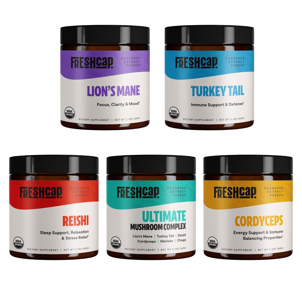 FreshCap Mushrooms Ultimate Mushroom 스타터 키트 (Cordyceps, Lion's Mane, Turkey Tail, Reishi 및 Ultimate Mushroom Complex) 60 서빙