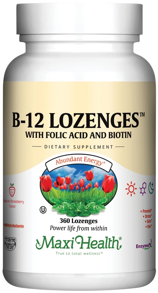 Maxi Health Vitamin B12 Lozenges with Folic Acid and Biotin - 하위 언어 B12 비타민 딸기 맛 - 적혈구 생산 및 에너지를위한 채식 Kosher B 12 비타민 (360 카운트)