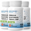 Puregen Labs Ferrous Gluconate 324 mg [고전력] 철 보충교재, Stomach에 Gentle | 3 팩 - 300 정제 합계