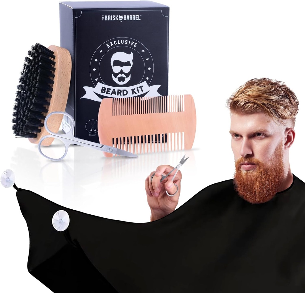 Beard Grooming Kit for Men 4 에 1. Beard Brush 과 Comb Set 와 Messy Free Bib Apron, Mustache Scissors. 천연 브러쉬 및 듀얼 액션 빗. 남자의 Grooming. 남편을위한 선물,