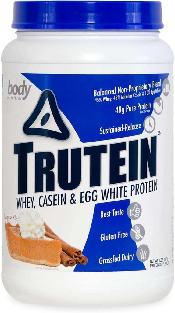 몸 영양 Trutein 높은 단백질 분말: 45% Whey, 45% Casein, 10% 계란 백색, 글루텐 자유로운, 낮은 나트륨, 잔디 Fed Whey 단백질 분말, 체육관 보충교재 & 아침 Shake, 호박파이, 2lb