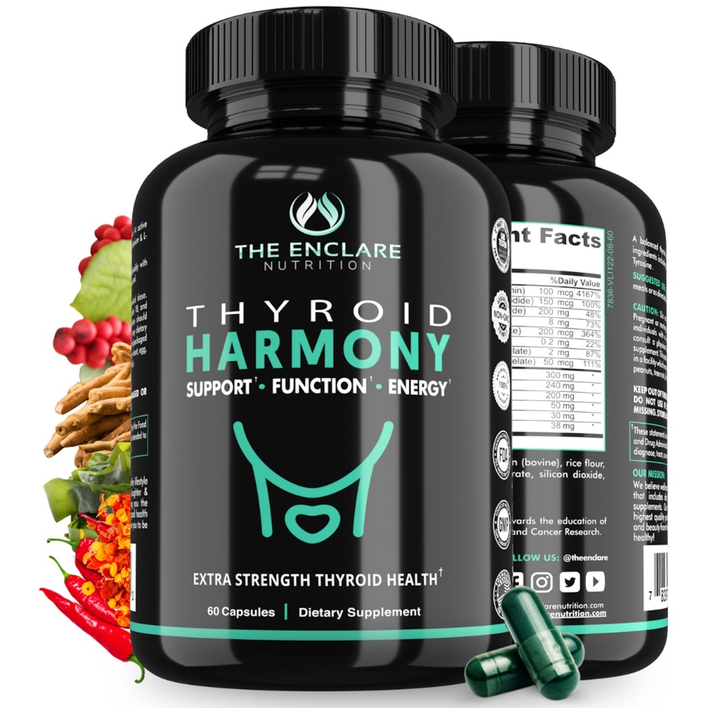 ENCLARE NUTRITION Thyroid Support Supplement with Iodine - 에너지, 대사, 초점, 스트레스, 무드 균형 호르몬. Ashwagandha, 아연, 셀렌, 비타민 B12, Kelp, 마그네슘, L 티로신 (1)