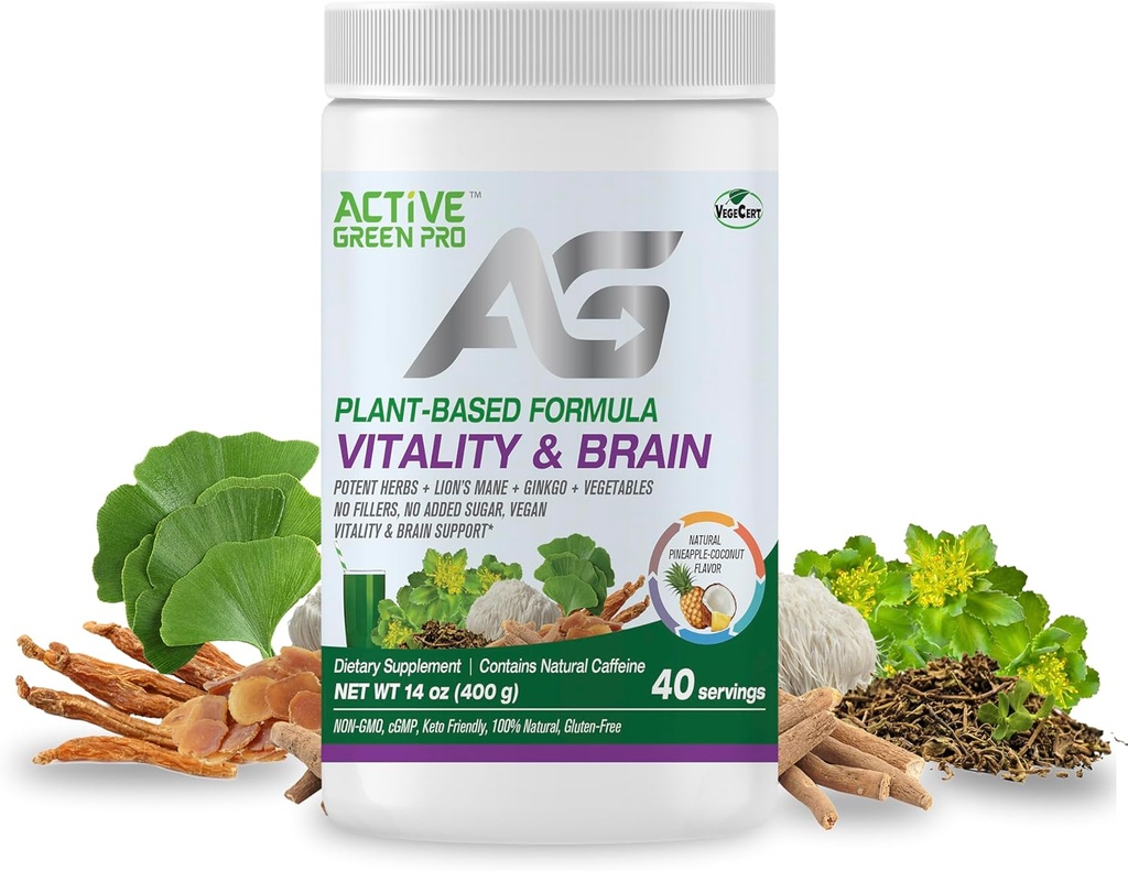 활력 & 두뇌 분말, Synergistic 허브 혼합, 사자 Mane, Ginkgo 및 야채, 식물 기반 수식, 필러 없음, 설탕 추가 - 40 서빙