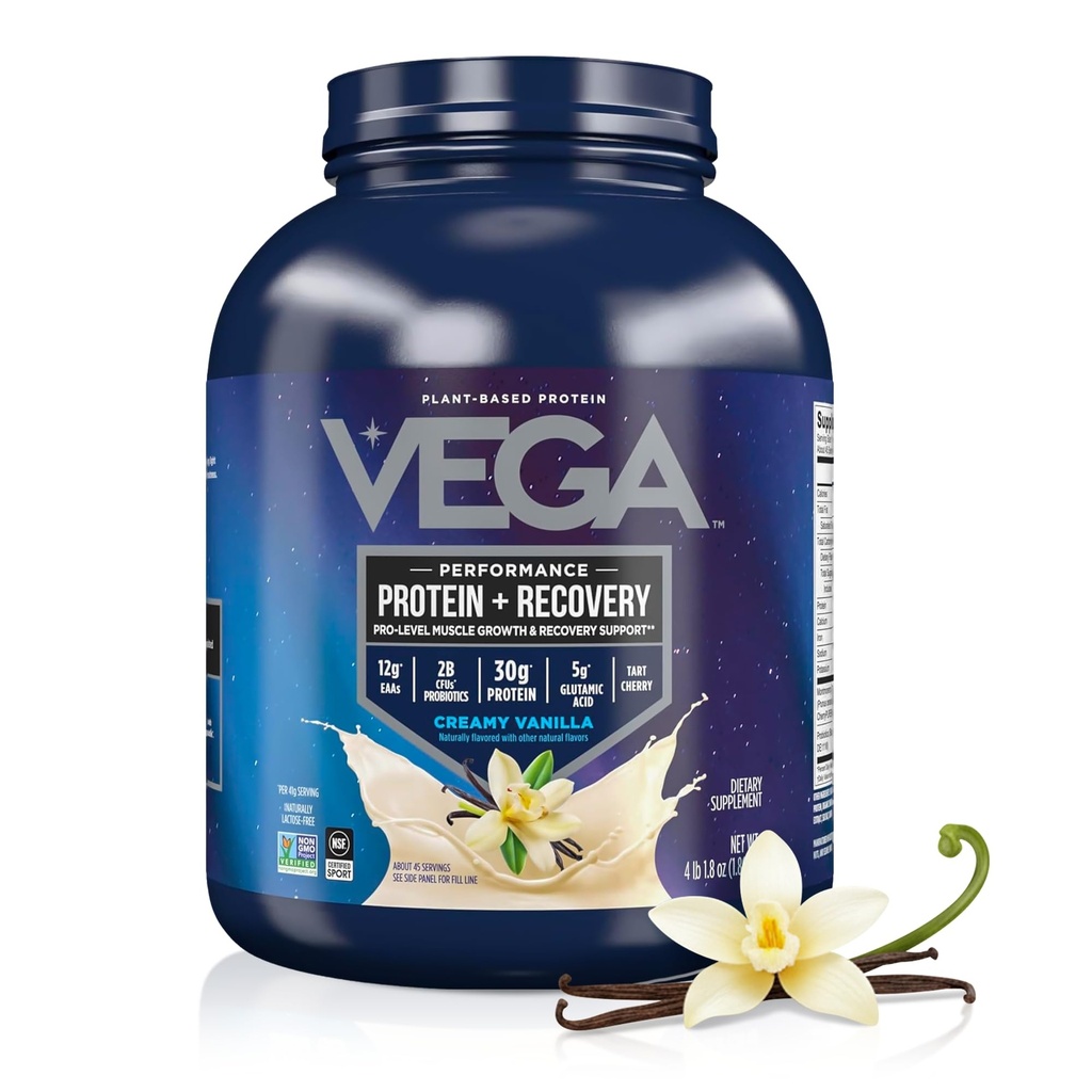 Vega 스포츠 채식 단백질 분말 + 회복 - 30g 식물 서빙 당 단백질, 바닐라, 45 서빙, 5g BCAAs, Probiotics, NSF 인증, 쉐이크 및 스무디에 대 한, 4.1lbs (패키지 May Vary)