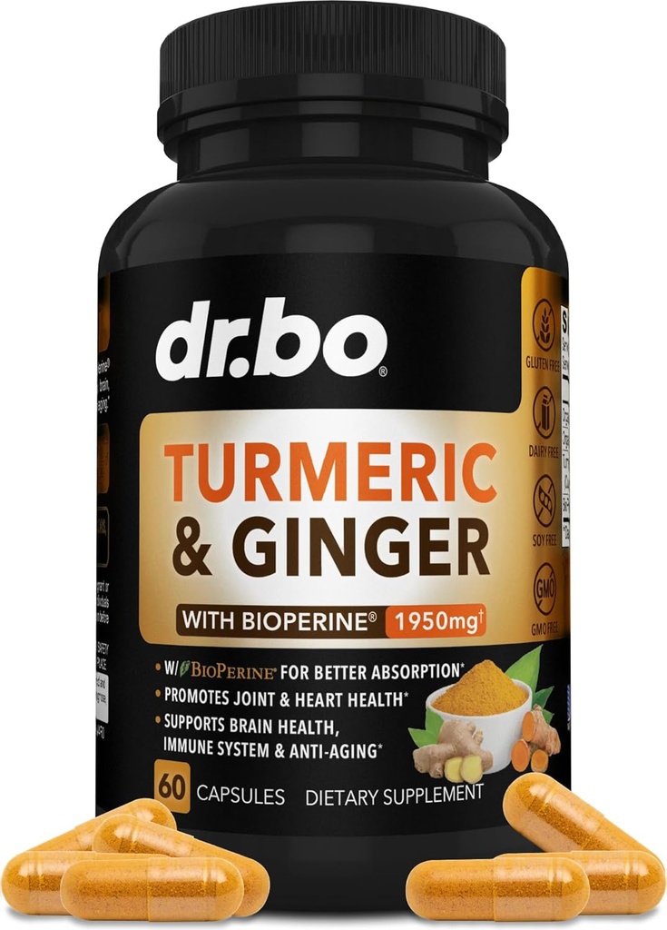 BioPerine & Ginger 보충교재를 가진 심황 Curcumin - 1950mg 유기 Tumeric 및 Curcumin BioPerine 까만 고추 알약 - 심황과 생강 보충교재 60의 캡슐