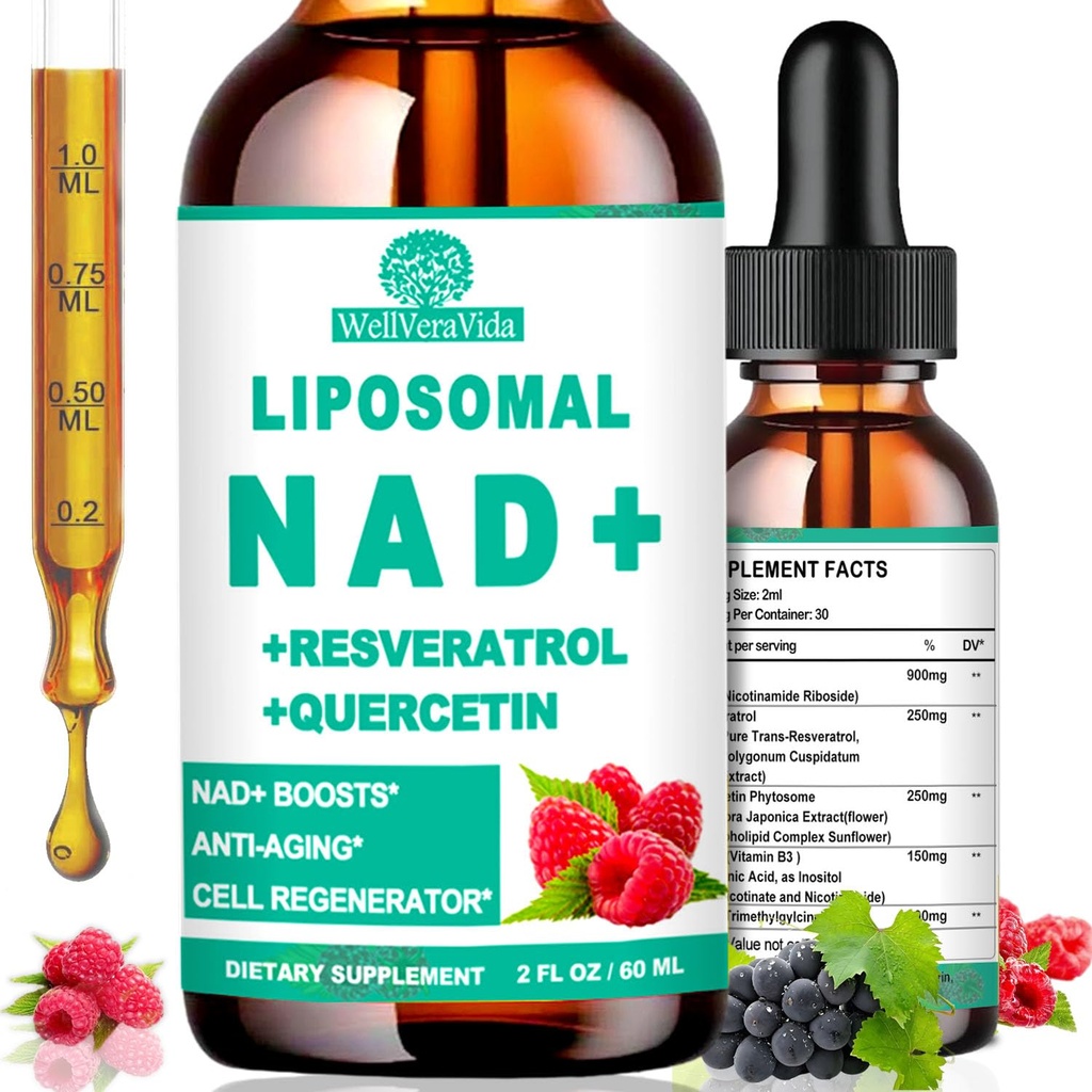 NAD는 여자 & 남자, Liposomal NAD Nicotinamide Riboside Resveratrol 900mg, TMG, Quercetin, 비타민 B3의 Longevity, 에너지, 노화 방지를 위한 유기 액체 NAD Resveratrol 보충교재를 위한 보충합니다, 초점