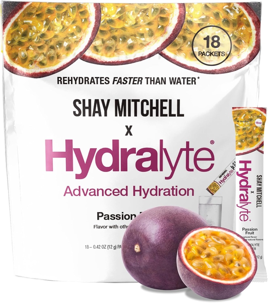 Hydralyte Shay Mitchell Electrolyte 분말 소포, 낮은 설탕 급속한 Rehydration, 열, 여행, 운동 및 Bachelorette 부속을 위한 Hydration 분말 (Passion 과일)