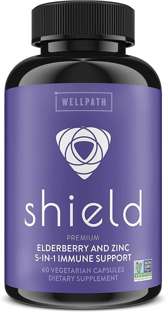 WellPath 방패 Elderberry 캡슐 - 아연, 비타민 C, Echinacea, 꿀벌 Propolis - 프리미엄 아연 보충 - 600 mg Sambucus 검정 Elderberry 알약 성인 - 60 Ct