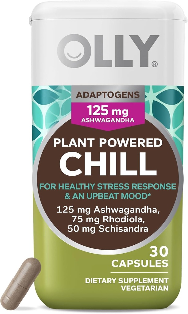 OLLY Chill Adaptogen, Ashwagandha, Rhodiola 루트, 채식 캡슐과 무드 지원 보충 - 30ct
