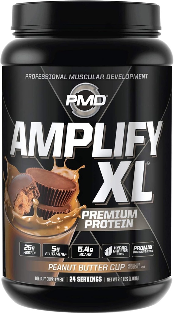 PMD Sports Amplify XL 프리미엄 Whey Protein Supplement Hydro Greens Blend - 근육, 힘 및 회복을위한 Superfood가있는 글루타민 및 Whey Protein Matrix - 땅콩 버터 컵 (24 인분)