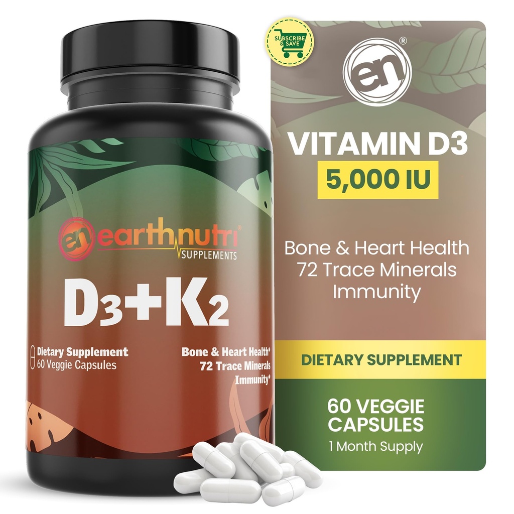 EarthNutri 비타민 D3 K2 보충교재 5000 IU – 비타샤에서 K2, D3, Aquamin & 72 Trace 무기물에서 칼슘 – 면역, 뼈 & 심장 건강 – 비 GMO – 60 Veg 캡슐