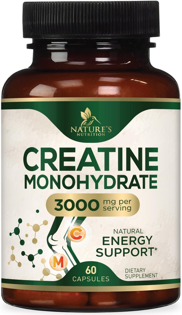크레아틴 Monohydrate 캡슐 3000mg – 제일 Micronized 크레아틴 분말 - Lean 근육, 힘, 에너지, & 내구시간을 지원합니다 - 성격 보충교재, 비 GMO, 여자 & 남자를 위한 글루텐 자유로운 - 60의 캡슐