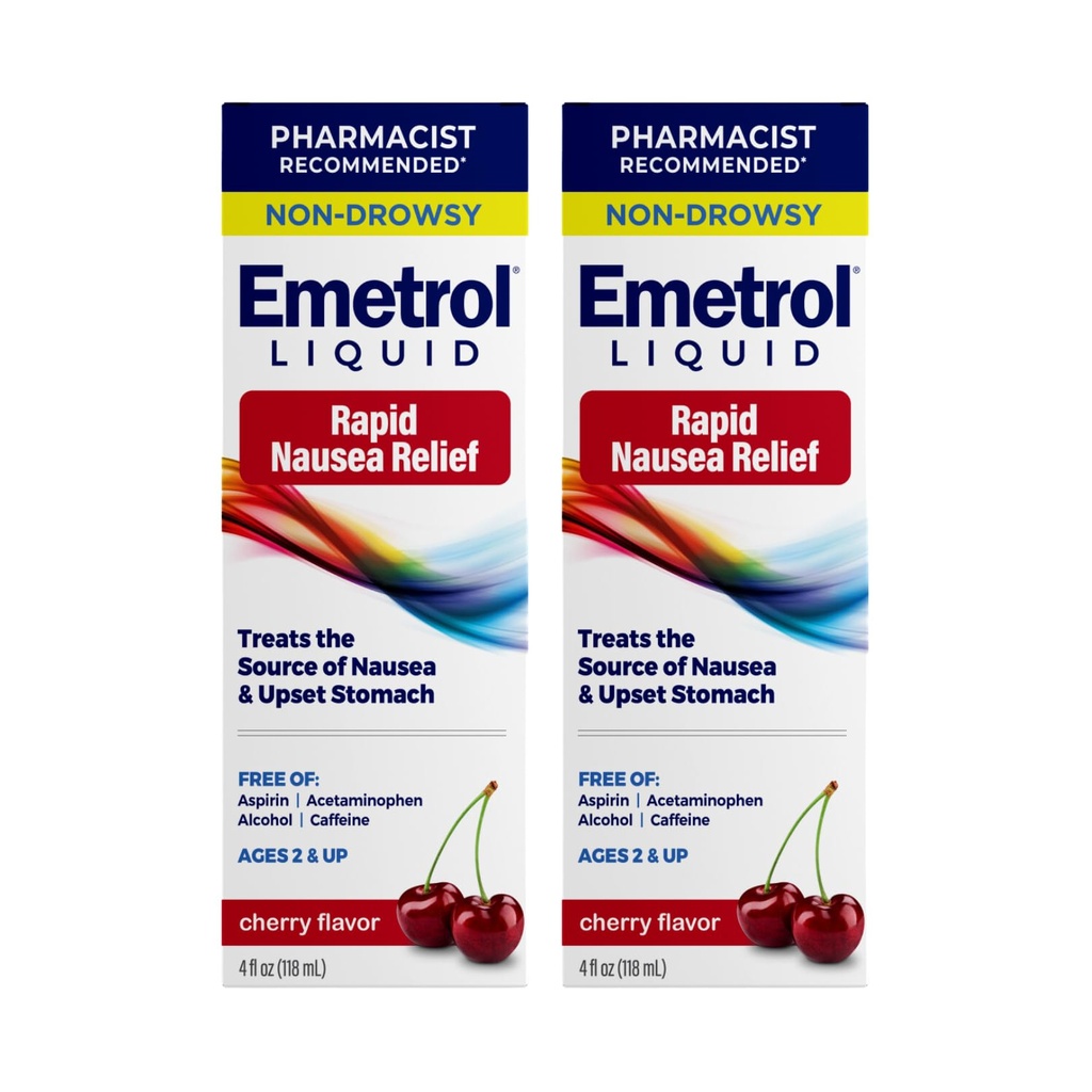 Emetrol Non-Drowsy Liquid Nausea Relief - Upset Stomach Medicine - 약사 추천 Nausea Relief - 벚꽃 맛 - 4fl oz, 2 팩